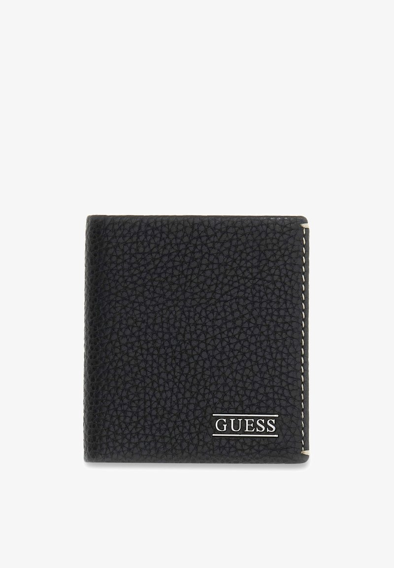 Portefeuille en cuir noir texturé avec des coutures blanches et un logo "GUESS" argenté dans le coin inférieur droit.