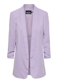Fialový blazer se šálovým límcem, otevřeným designem a tříčtvrtečními rukávy. Hladká tkanina, přiléhavý střih a žádné viditelné zapínání.