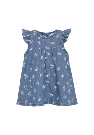 Robe en denim avec de courtes manches volantées, tissu bleu clair avec de petits motifs floraux blancs et un design plissé au niveau du corsage.