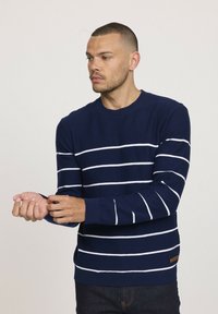 Pull rayé bleu marine en tissu tricoté, avec des rayures blanches horizontales, des poignets et un ourlet côtelés, et un petit accent logo marron.