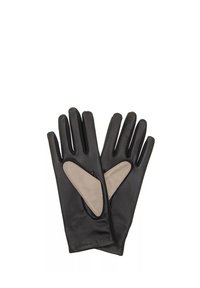 Schwarze Lederhandschuhe mit einem beigen Lederakzent auf der Handfläche. Sie verfügen über ein enganliegendes Design und eine glatte Textur. Vierfingerlänge.