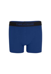 Bóxers para hombre de color azul marino con cinturilla negra y logo "THREADBARE" en azul marino sobre la cinturilla.