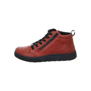 Red leather mid-top sneaker with black laces, side zipper, padded collar, and thick black rubber sole.