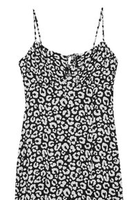 Černobílé šaty s leopardím vzorem na tenkých ramínkách, s nařaseným předním dílem a detailem na zavázání. Měkká látka s plynulým střihem.