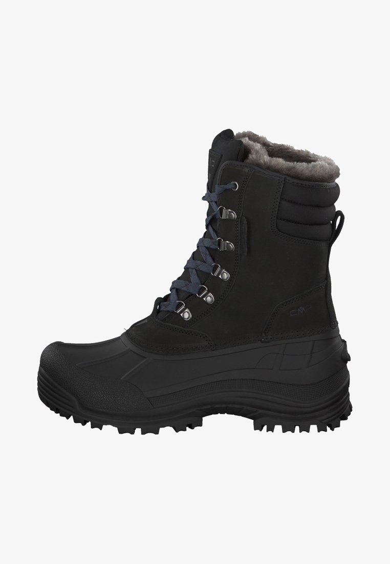 Schwarzer wasserdichter Winterstiefel mit strukturiertem Gummisohle, Fellfutter und kontrastierenden blauen Schnürsenkeln. Verfügt über einen gepolsterten Schaft und robuste Ösen.