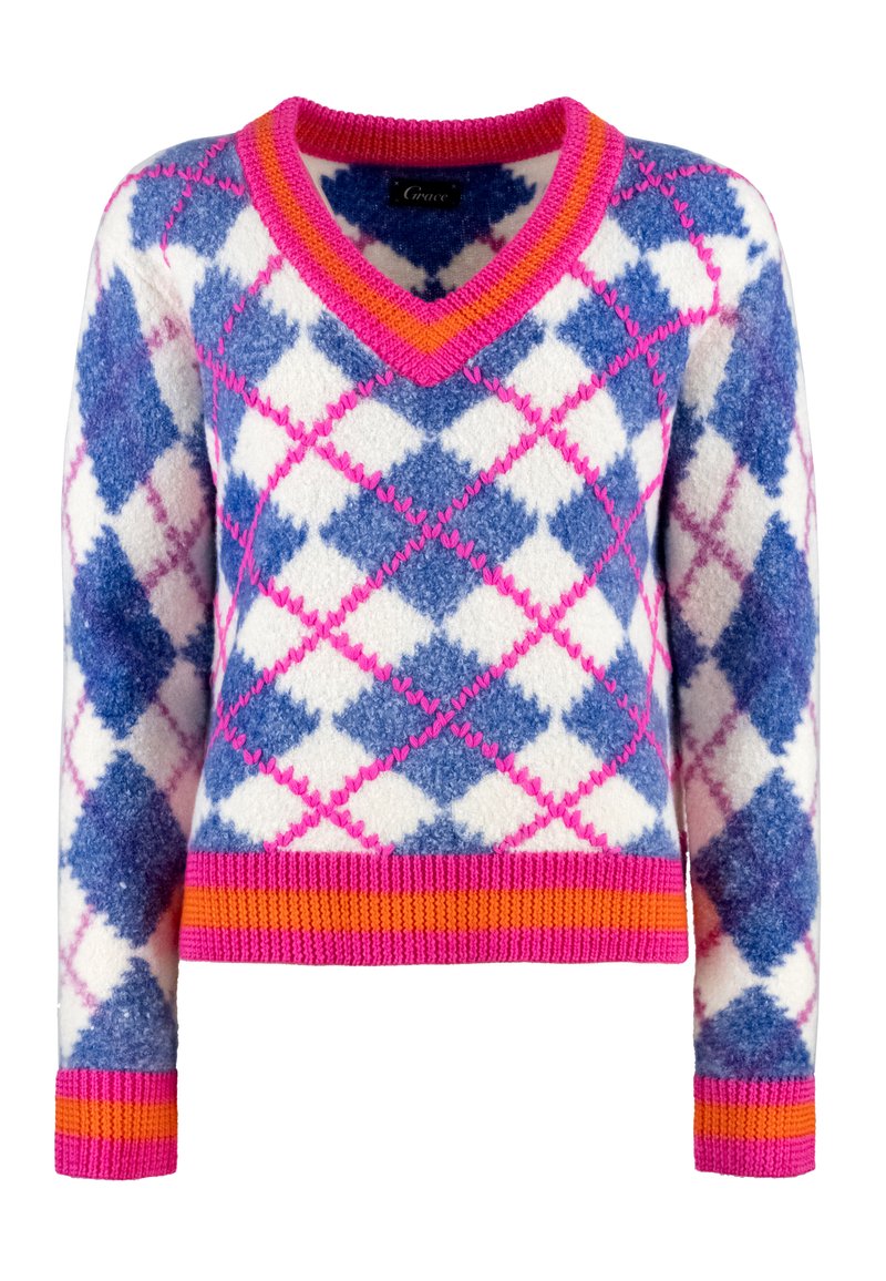V-neck sweater in soft, fuzzy material with a blue and white diamond pattern. Features bright pink and orange accents at the neckline and hem.