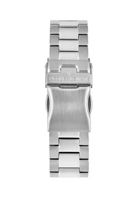 Reloj de acero inoxidable con acabado cepillado y eslabones pulidos, que cuenta con un elegante cierre de despliegue grabado con "Jacques Lemans."