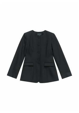 Black structured blazer with a round neckline, six buttons, two front pockets, and long sleeves, made from smooth fabric.