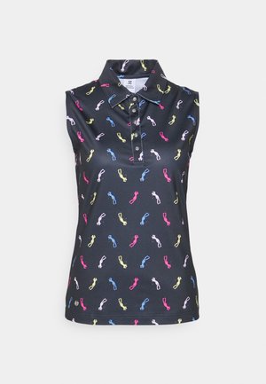 Polo sin mangas en azul marino con un patrón de siluetas coloridas. Presenta un cuello y una botonadura, fabricado en tejido suave.