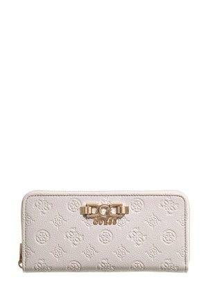 Portefeuille blanc texturé avec logos embossés, fermoir doré et fermeture éclair sur le côté.