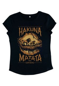 Černé tričko s krátkým rukávem s zlatým grafickým designem dvou lvi a textem "HAKUNA MATATA" z Disneyho Lvího krále.