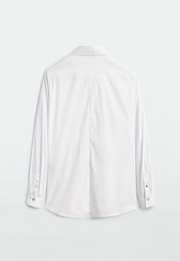 White long-sleeve shirt with a collar, featuring a buttoned placket and cuffs, smooth cotton fabric, and a straight cut back design.