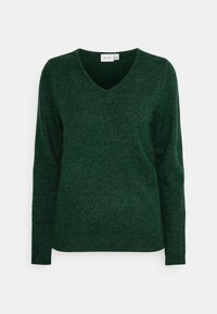 Grüner V-Ausschnitt-Pullover mit langen Ärmeln, gefertigt aus strukturiertem Strickstoff. Verfügt über eine lockere Passform sowie gerippte Bündchen und Saum.
