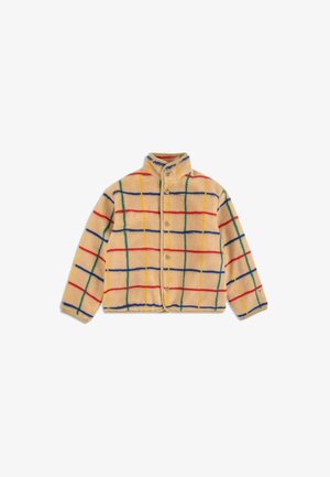 Beige Fleecejacke mit einem mehrfarbigen Karomuster in Rot, Blau, Gelb und Grün, mit Kragen und Knopfverschluss.