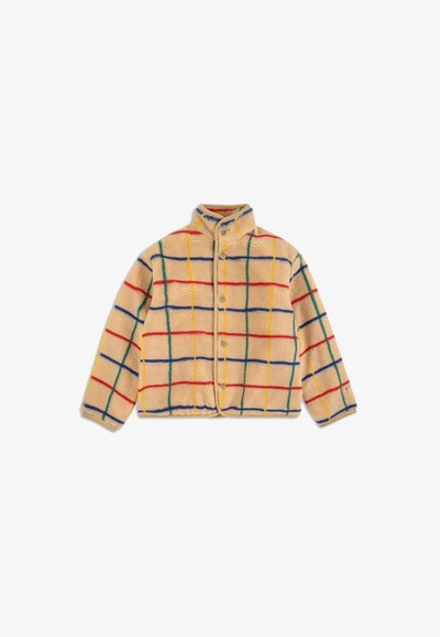 Tan fleece jacket featuring a multicolored grid pattern in red, blue, yellow, and green, with a collar and button closure.