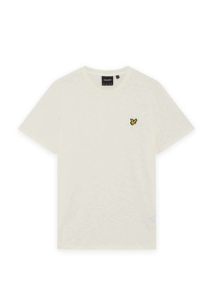 Plain white short-sleeve t-shirt with a small yellow bird logo on the left chest and a round neckline.