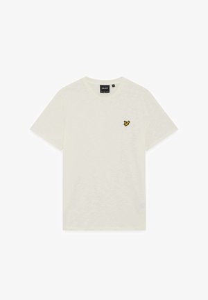 Plain white short-sleeve t-shirt with a small yellow bird logo on the left chest and a round neckline.