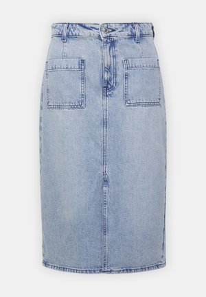 Fustă din denim, de culoare albastru deschis, cu croială dreaptă, închidere cu nasturi în față și două buzunare napa spate cu cusături vizibile.