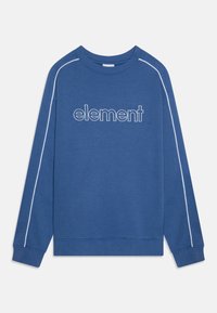 Blå genser laget av myk stoff med en hvit "element" logo og kontrasterende hvite sidestrekker på ermene. Ribbestrikkede mansjetter og hem.