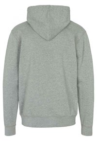 Mikina s kapucí ve světle šedé barvě, vyrobená z měkké látky. Má klokanní kapsu, žebrované manžety a lem, a bezešvý design zadní části.