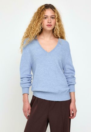 Donna con capelli lunghi e ricci che indossa un maglione azzurro chiaro con scollo a V e pantaloni marrone scuro su uno sfondo bianco uniforme.