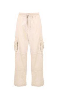 Pantalons cargo beiges avec une taille élastique, un cordon de serrage et deux poches latérales. Tissu léger avec un design ample et jambes droites.