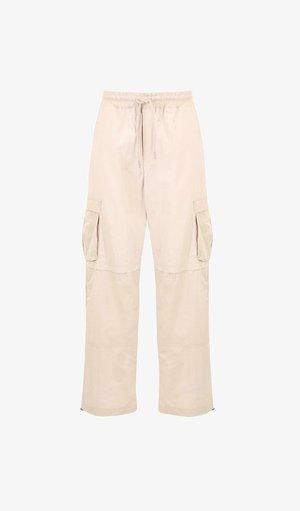 Beżowe spodnie cargo z elastycznym pasem, sznurkiem i dwiema bocznymi kieszeniami. Lekki materiał z luźnym, prostym krojem nogawek.