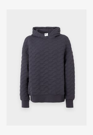 Sudadera gris oscuro hecha de un tejido texturizado con un diseño de logo en relieve. Cuenta con un bolsillo frontal, capucha ajustable y puños acanalados.