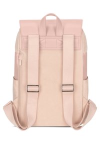 Szerkezettel rendelkező hátizsák, puha rózsaszín anyagból készült. Állítható pántokkal, felső fogantyúval és cipzáros oldalsó zsebekkel rendelkezik.