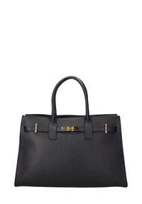 Zwarte leren handtas met een gestructureerd oppervlak, twee ronde handvatten, een gouden sluiting en accentriemen aan de voorkant.