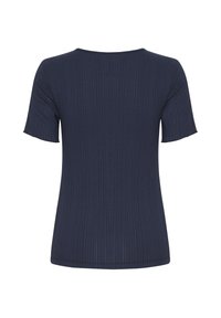 T-shirt côtelé bleu marine à manches courtes avec un col rond et des bords de manches légèrement évasés, vu de dos.