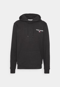 Felpa nera in misto cotone, con tasca frontale, cappuccio regolabile con cordino e logo ricamato "TOMMY JEANS" sul petto.