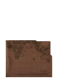 Mappa del mondo marrone stampata su materiale testurizzato, con contorni dettagliati dei continenti e degli oceani, con angoli arrotondati e nome del marchio.