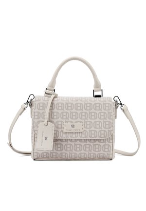 Borsa da donna beige con motivo monogram, manico superiore, tracolla removibile, tasca frontale con patta e etichetta brandizzata appesa.