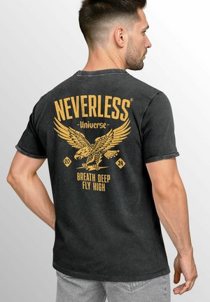 Black cotton t-shirt featuring a yellow graphic of an eagle and text "NEVERLESS Universe," with short sleeves and a relaxed fit.