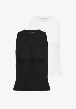 Ensemble de deux hauts sans manches côtelés, un noir et un blanc, tous deux avec col rond et fermeture boutonnée à l'avant.