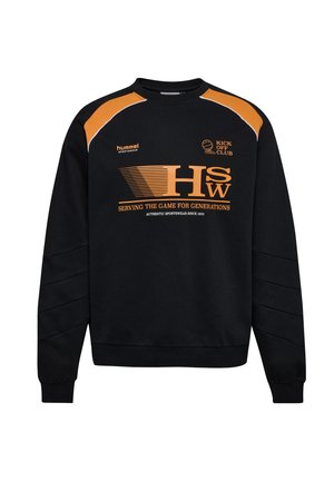 Sort sweatshirt med orange accenter og branding. Har rund halsudskæring, ribbede manchetter og tekstureret detaljering på ærmerne. Materiale i bomuldsblanding.