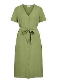 Robe midi verte olive, à manches courtes, avec décolleté en V, boutons sur le devant et ceinture en tissu nouée à la taille.