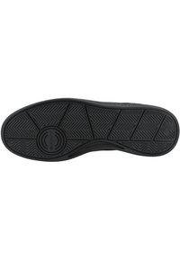 Black rubber sneaker sole with a textured herringbone pattern, featuring a circular logo at the center and a smooth edge.