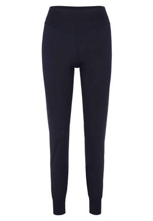 Dunkelblaue Damen-Jogginghosen aus elastischem Material mit hohem Bund, schmal zulaufendem Bein und elastischen Bündchen an den Knöcheln.