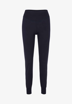 Navyblauwe dames joggers van rekbaar materiaal met een hoge tailleband, taps toelopende pijpen en elastische boorden bij de enkels.