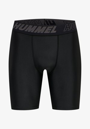 Svarta sportshorts gjorda av slätt, elastiskt material. Har en bred svart midja med "HUMMEL"-logotyp i kontrasterande grått.