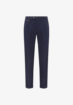 Navy cotton trousers with a smooth texture, featuring a front button closure, two side pockets, and a rolled cuffed hem.