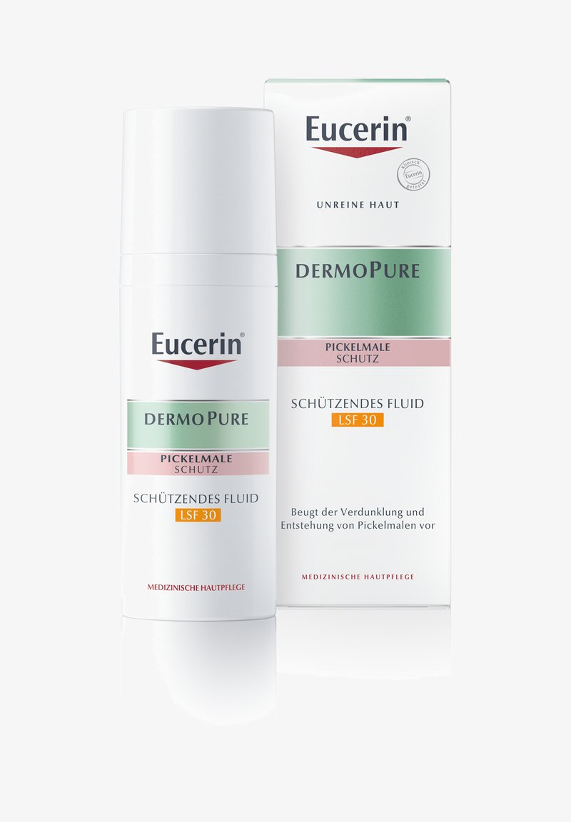 Eucerin DermoPure acne protection fluid with SPF 30, medical skincare, shown with pump bottle and matching box packaging.