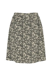 Black skirt with a floral pattern in cream; features an elastic waistband, a flared shape, and a above-the-knee length.