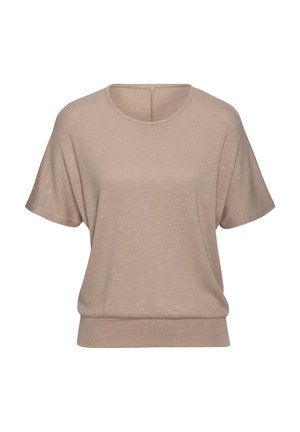 Beige kurzärmeliges Oberteil mit rundem Ausschnitt, weichem Material, entspannter Passform und einem subtilen Glanz. Verfügt über einen Saum, der leicht gerafft ist.