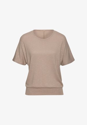 Beige kurzärmeliges Oberteil mit rundem Ausschnitt, weichem Material, entspannter Passform und einem subtilen Glanz. Verfügt über einen Saum, der leicht gerafft ist.