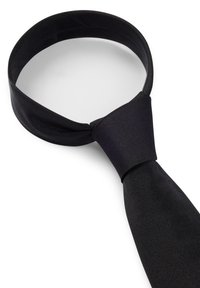Black satin tie with a textured finish, featuring a classic design and a smooth knotted section. The tie is laying flat on a white background.