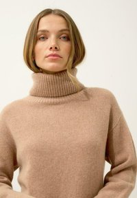Beige turtleneck neulepaita, joka on valmistettu pehmeästä, ribatusta kankaasta. Varustettu korkealla kauluksella ja pitkillä hihoilla, esittelee rentoa istuvuutta ja minimalistista muotoilua.