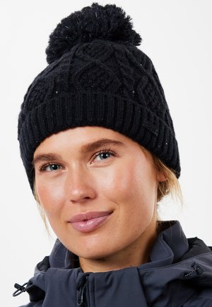 Sort strikket hue med et struktureret mønster, toppet med en pompon. Materialet ser blødt ud, med lette glitrende accenter.